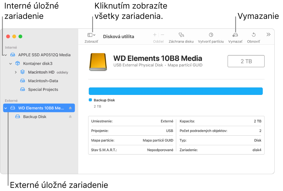 Okno Diskovej utility v zobrazení Zobraziť všetky zariadenia s dvomi úložnými zariadeniami.