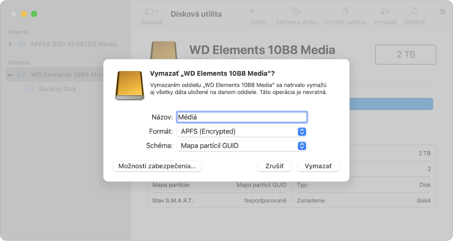 Okno Diskovej utility zobrazujúce ako sa dialógové okno vymazania nastavuje na zmenu formátu externej jednotky pomocou šifrovaného formátu APFS.