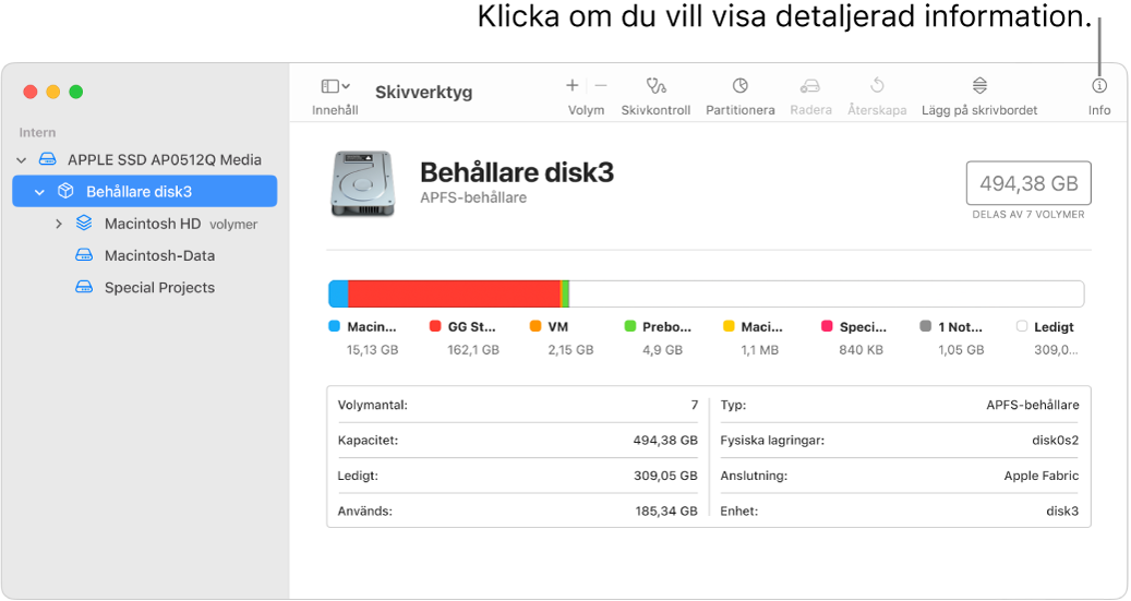 Ett fönster i Skivverktyg där en lagringsenhet har markerats i sidofältet och information om enheten visas till höger.