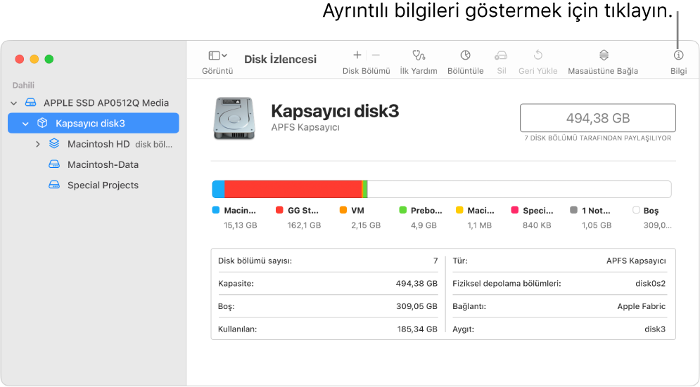 Kenar çubuğunda seçilen bir saklama aygıtını ve sağda görüntülenen aygıtla ilgili bilgileri gösteren Disk İzlencesi penceresi.