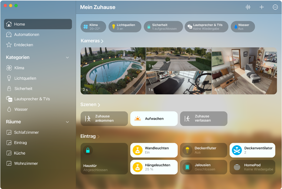 Der Home-Bildschirm mit oben aufgeführten Gerätekategorien gefolgt von Kamerafeeds, Szenenkacheln und Gerätekacheln im Raum „Eingang“.