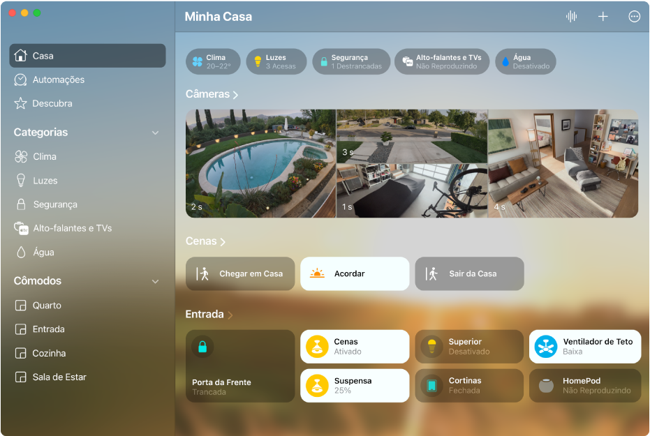 Tela do app Casa mostrando categorias de acessórios na parte superior, seguidas por feeds de câmera, ícones de cena e ícones de acessórios no cômodo “Entrada”.