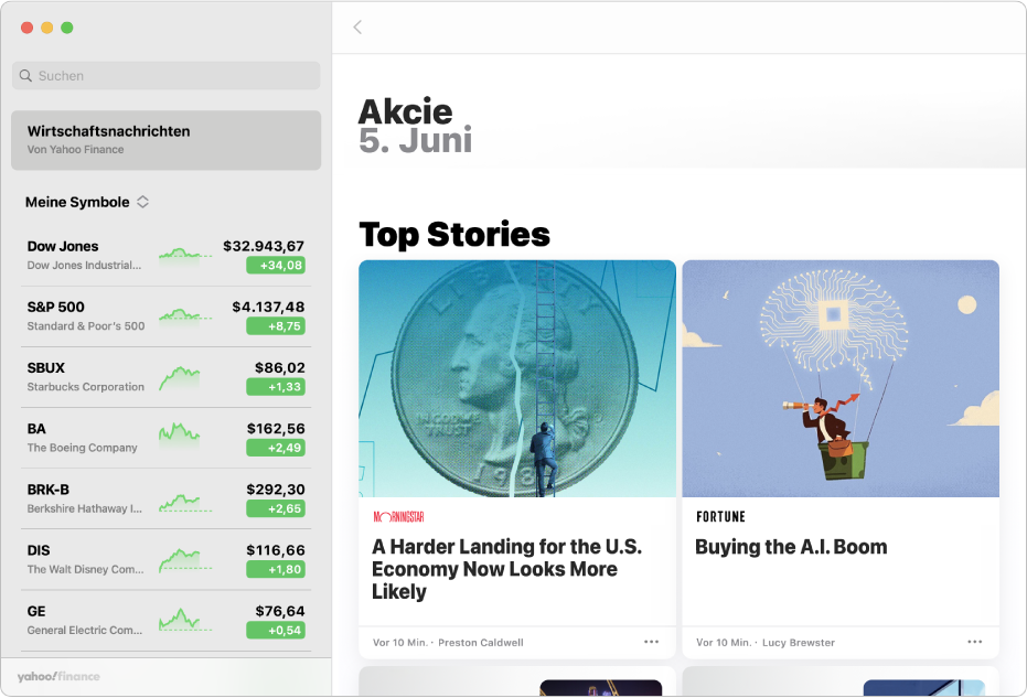 Ein Fenster „Aktien“ mit Top-Wirtschaftsnachrichten