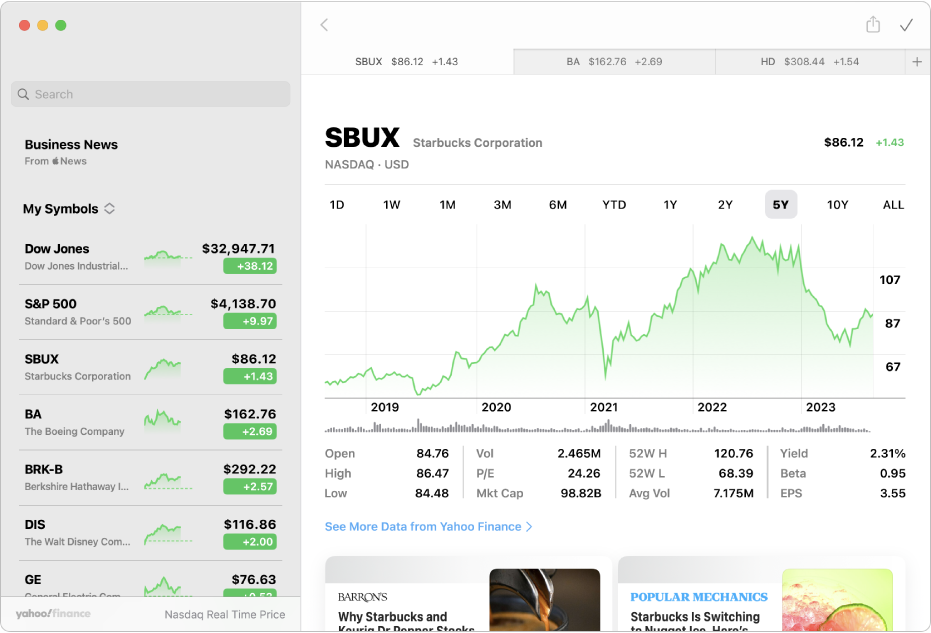 A Stocks window showing the watchlist on the left, a chart in the upper right and news headlines in the lower right.