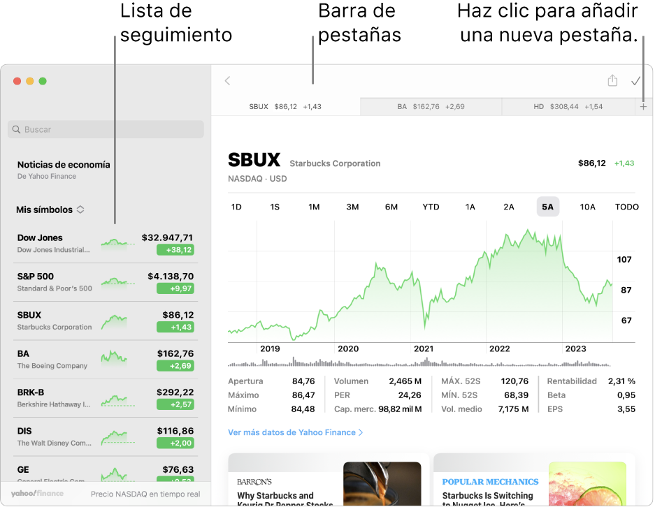 Una ventana de Bolsa en la que se muestra la lista de valores a la izquierda con el símbolo de una empresa seleccionado y el gráfico correspondiente junto con el canal de noticias en el panel derecho. Las pestañas de los símbolos de empresas seleccionados se sitúan en la parte superior de la ventana e incluyen un signo más que se puede usar para añadir una pestaña nueva.