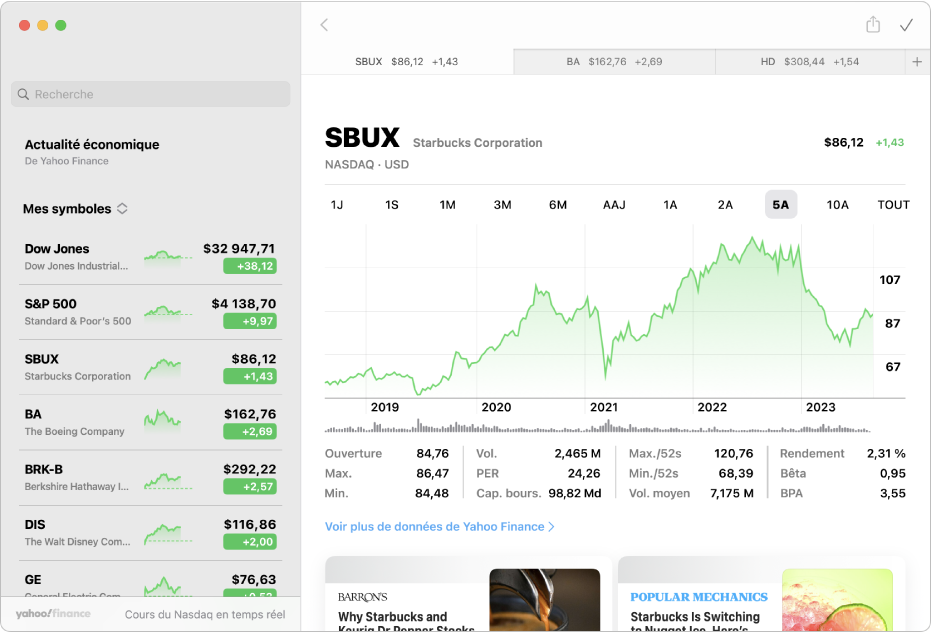 Fenêtre Bourse, affichant la liste de suivi sur la gauche, un graphique en haut à droite et les titres des actualités en bas à droite.