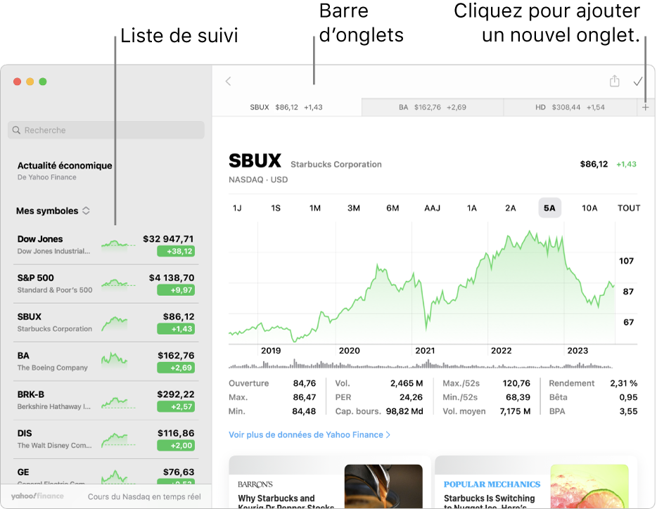 Fenêtre Bourse affichant la liste de suivi sur la gauche avec un symbole d’action sélectionné, et le graphique et le flux d’actualité correspondant dans la sous-fenêtre de droite. Des onglets correspondants aux symboles des actions sont présents en haut de la fenêtre, avec un signe plus qui peut servir à ajouter un nouvel onglet.