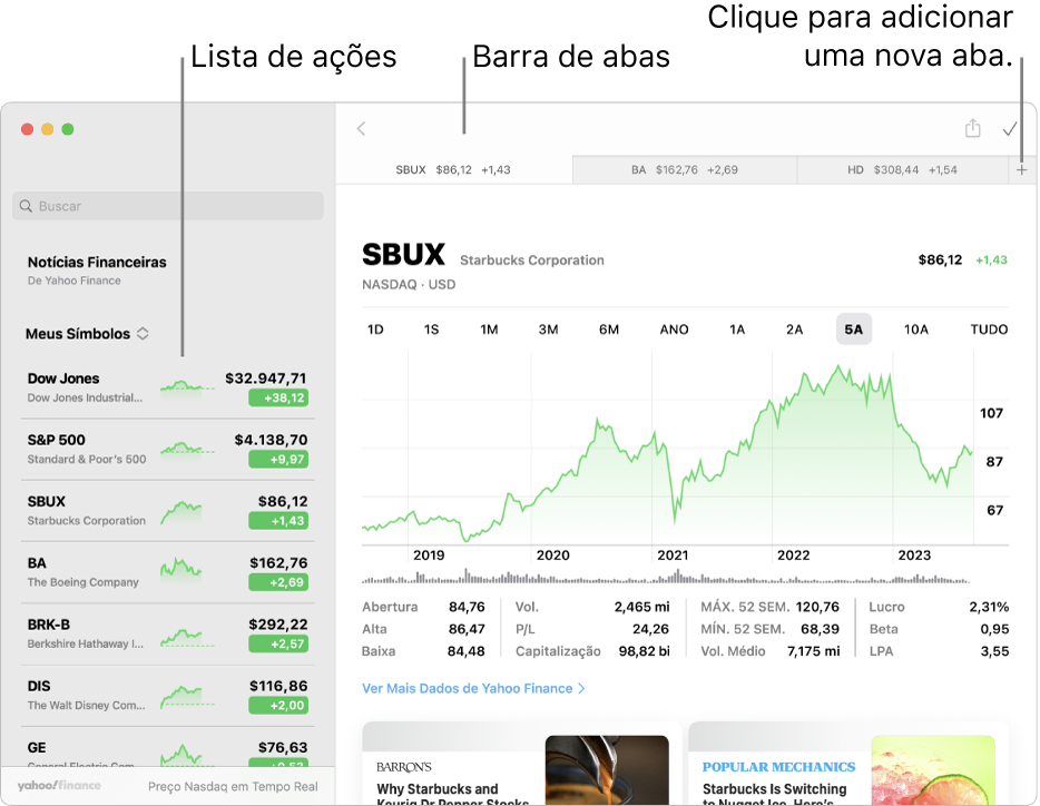 Uma janela do Bolsa, mostrando a lista de ações à esquerda com um símbolo de ação selecionado, o gráfico correspondente e o feed de notícias no painel direito. Abas para símbolos de ação selecionados podem ser observadas na parte superior da janela, juntamente com um sinal de adição que pode ser usado para adicionar uma nova aba.