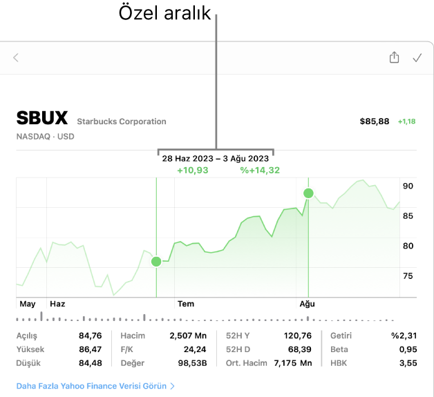 Özel bir aralık için grafik verilerinin gösterildiği bir grafik.