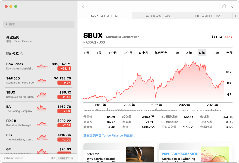 “股市”窗口，左侧显示关注列表，右上方是走势图，右下方是新闻标题。