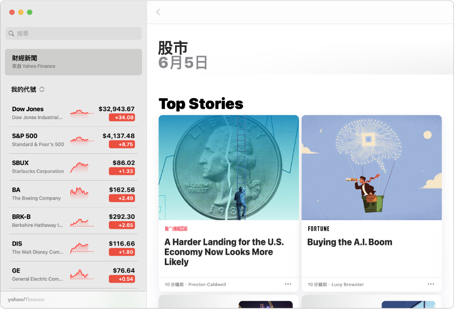 「股市」視窗顯示熱門財經新聞報導。