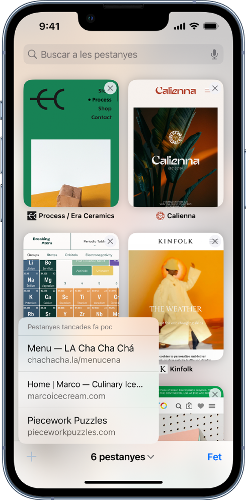 Les previsualitzacions de les pestanyes obertes es poden veure a la pantalla. A la part inferior esquerra de la pantalla, el botó “Pestanya nova” apareix premut i es mostra una llista de pestanyes tancades recentment.