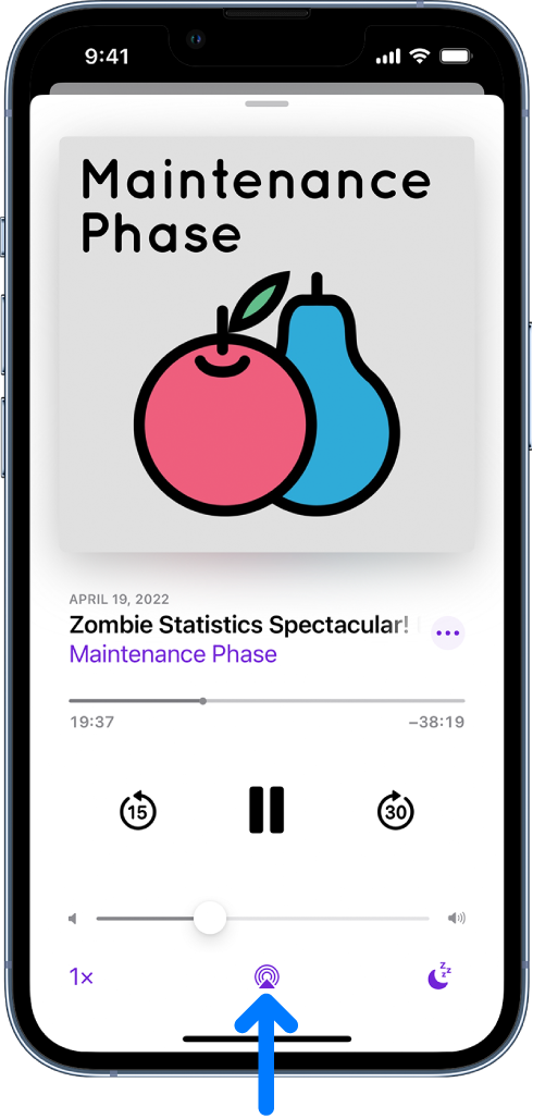 The playback controls for a podcast, including the Playback Destination button at the bottom of the screen.