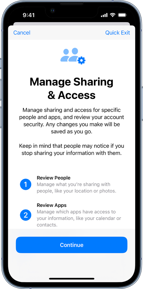 The Manage Sharing & Access screen with information about how the feature works. The Continue button is at the bottom.