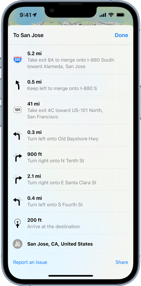 A route’s turn-by-turn directions shown in a list.