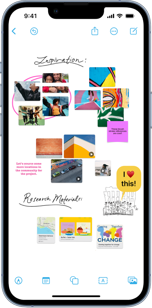 iPhone with the Freeform app open. The board includes handwriting, text, drawings, shapes, photos, videos, sticky notes, links, and other files.