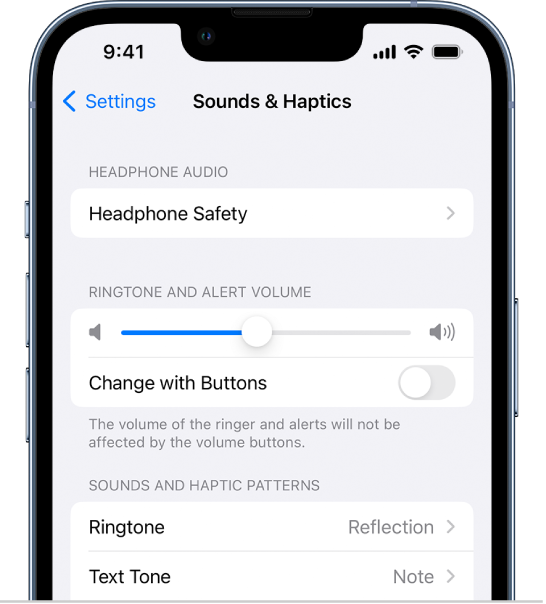 The Sounds and Haptics screen in Settings. The onscreen options from top to bottom are Headphone Audio and Headphone Safety, Ringtone and Alert Volume with a slider to adjust the volume and the option to change the volume with buttons, and Sounds and Haptic Patterns including Ringtone and Text Tone.