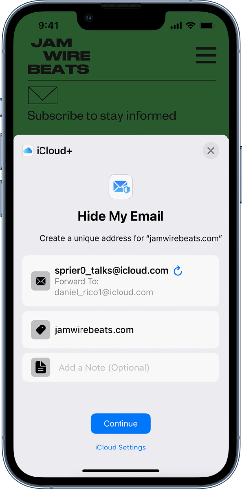 The bottom half of the screen shows the Hide My Email option for iCloud . It lists the randomly generated email, forwarding address, the website URL, and a note. At the bottom of the screen are a Continue button and link to iCloud Settings.