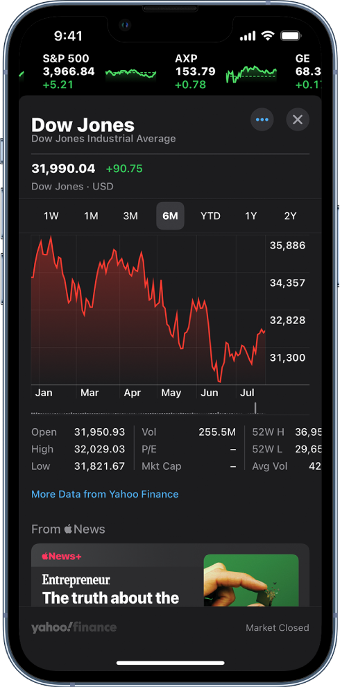 In the middle of the screen, a chart shows the performance for a stock over the course of one day. Above the chart are buttons to display the stock performance by one day, one week, one month, three months, six months, one year, two years, or five years. Below the chart are stock details such as opening price, high, low, and market cap. At the bottom of the screen is a story from Apple News.