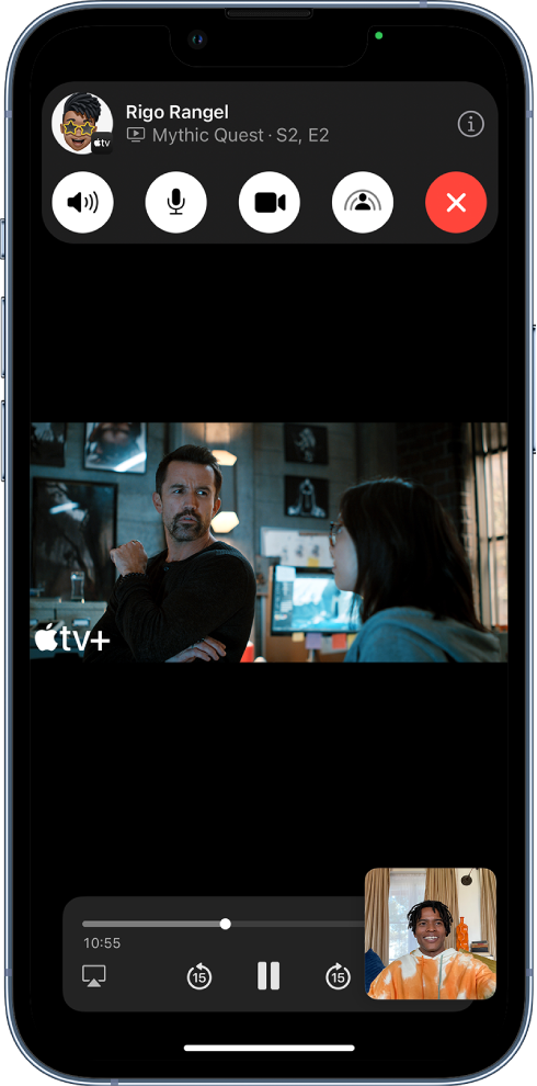 A FaceTime call, showing Apple TV  video content being shared in the call. The FaceTime controls are shown at the top of the screen, the video is playing just below the controls, and the playback controls are at the bottom of the screen.