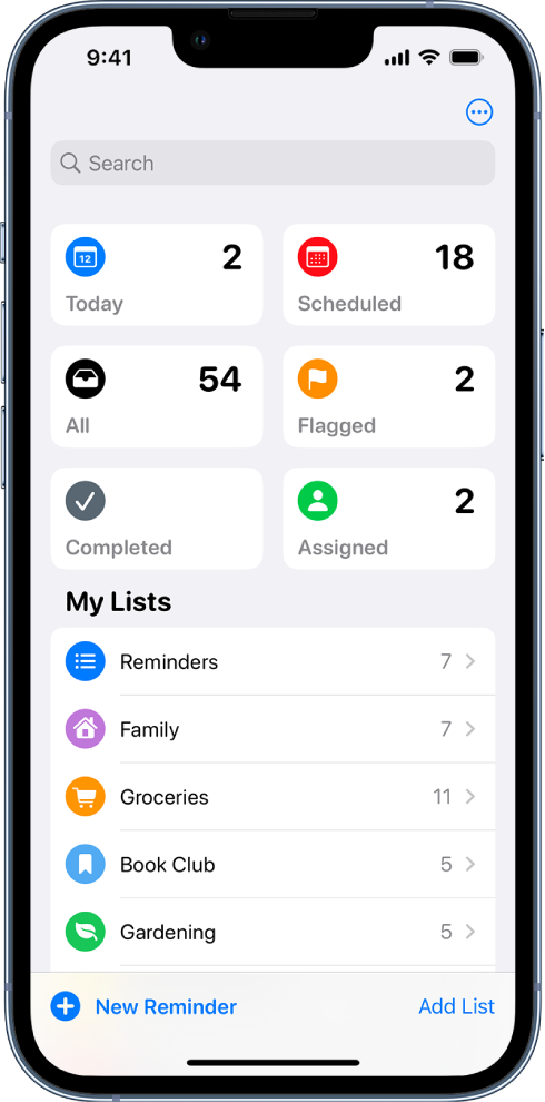 A screen showing several lists in Reminders. The search field appears at the top above Smart Lists for items due today, scheduled reminders, all reminders, and flagged reminders. The Add List button is at the bottom right.