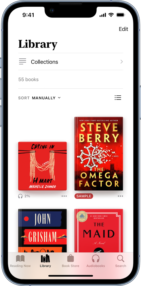 The Library screen in the Books app. At the top of the screen is the Collections button and sorting options. The sort option Manually is selected. In the middle of the screen are covers of books in the library. At the bottom of the screen are, from left to right, the Reading Now, Library, Book Store, Audiobooks, and Search tabs.