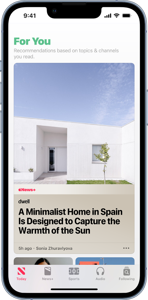 The For You section of the Today feed showing a story from a magazine available through Apple News .