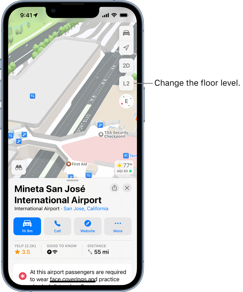 An indoor map of an airport terminal. The map shows the security checkpoint, escalators, elevators, and first aid.