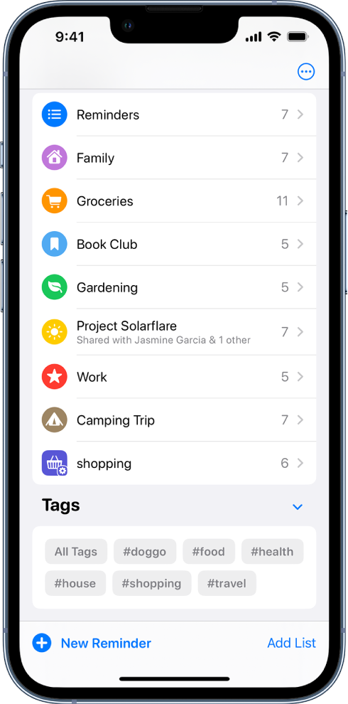 A screen showing several lists in Reminders. The Tag Browser is at the bottom.