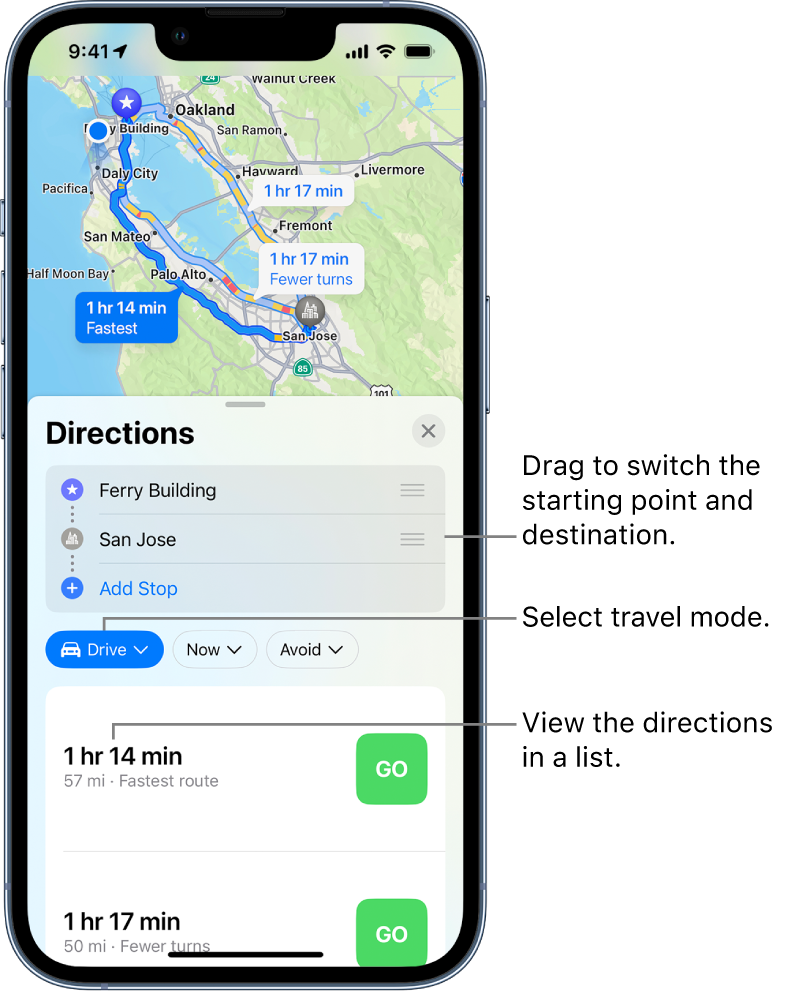 A map showing multiple driving routes between two locations, with options for switching the starting point and destination, choosing other travel modes, and viewing directions in a list.