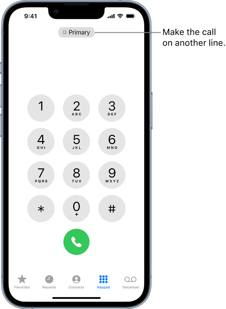 The Phone keypad. Along the bottom of the screen, the tabs from left to right are Favorites, Recents, Contacts, Keypad, and Voicemail.