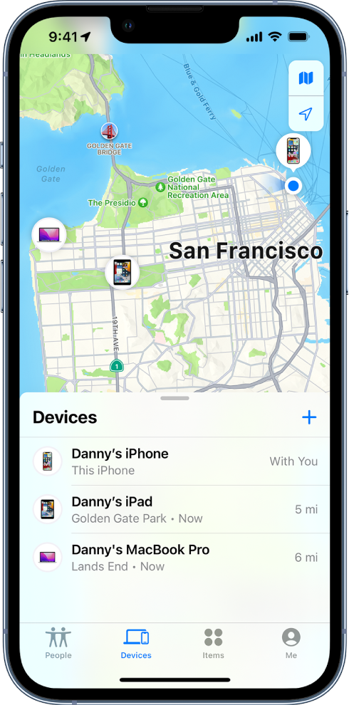 The Find My screen open to the Devices list. There are three devices in the Devices list: Danny’s iPhone, Danny’s iPad, and Danny’s MacBook Pro. Their locations are shown on a map of San Francisco.