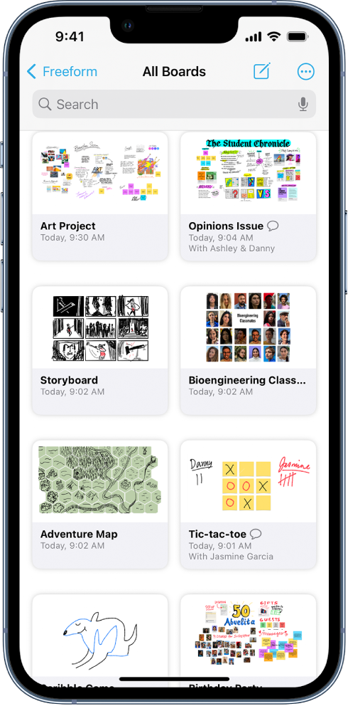The Freeform All Boards screen is open, and shows eight board thumbnails.