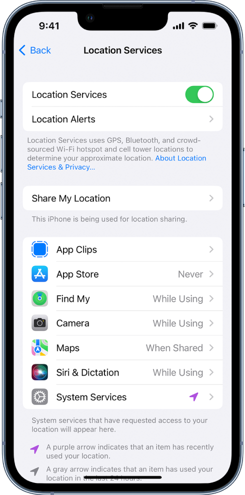 The Location Services screen, with settings for sharing the location of your iPhone, including custom settings for individual apps.