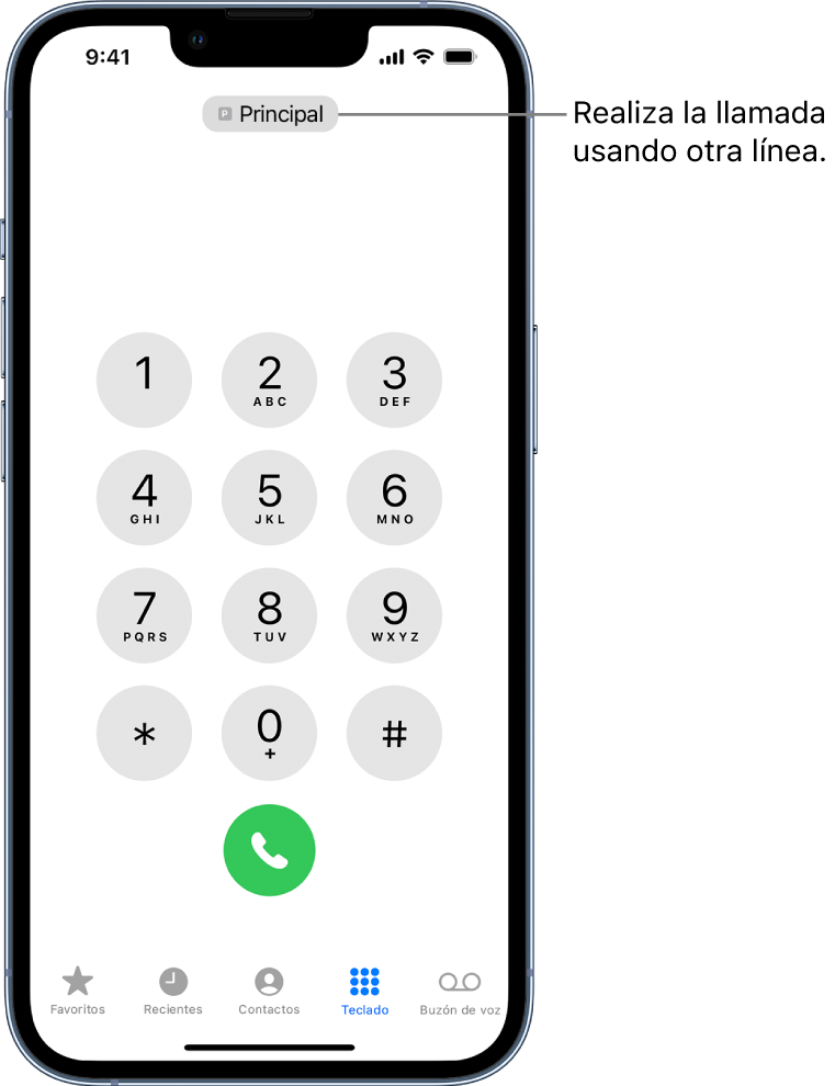 El teclado numérico de Teléfono. En la parte inferior de la pantalla se encuentran las pestañas de izquierda a derecha Favoritos, Recientes, Contactos, Teclado y Buzón de voz.