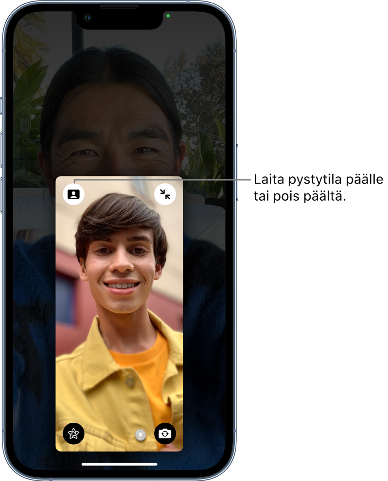 FaceTime-puhelu, jossa soittajan ruutu on suurennettu. Ruudun vasemmassa yläkulmassa on painike, josta muotokuvatila voidaan laittaa päälle tai pois.