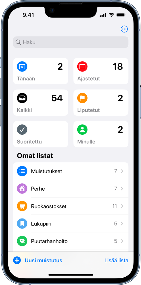 Näyttö, jossa näkyy useita listoja Muistutukset-apissa. Hakukenttä näkyy ylhäällä. Sen alapuolella on älykkäät listat kohteista, joiden määräpäivä on tänään, ajastetuista muistutuksista, kaikista muistutuksista ja liputetuista muistutuksista. Lisää lista -painike näkyy alaoikealla.