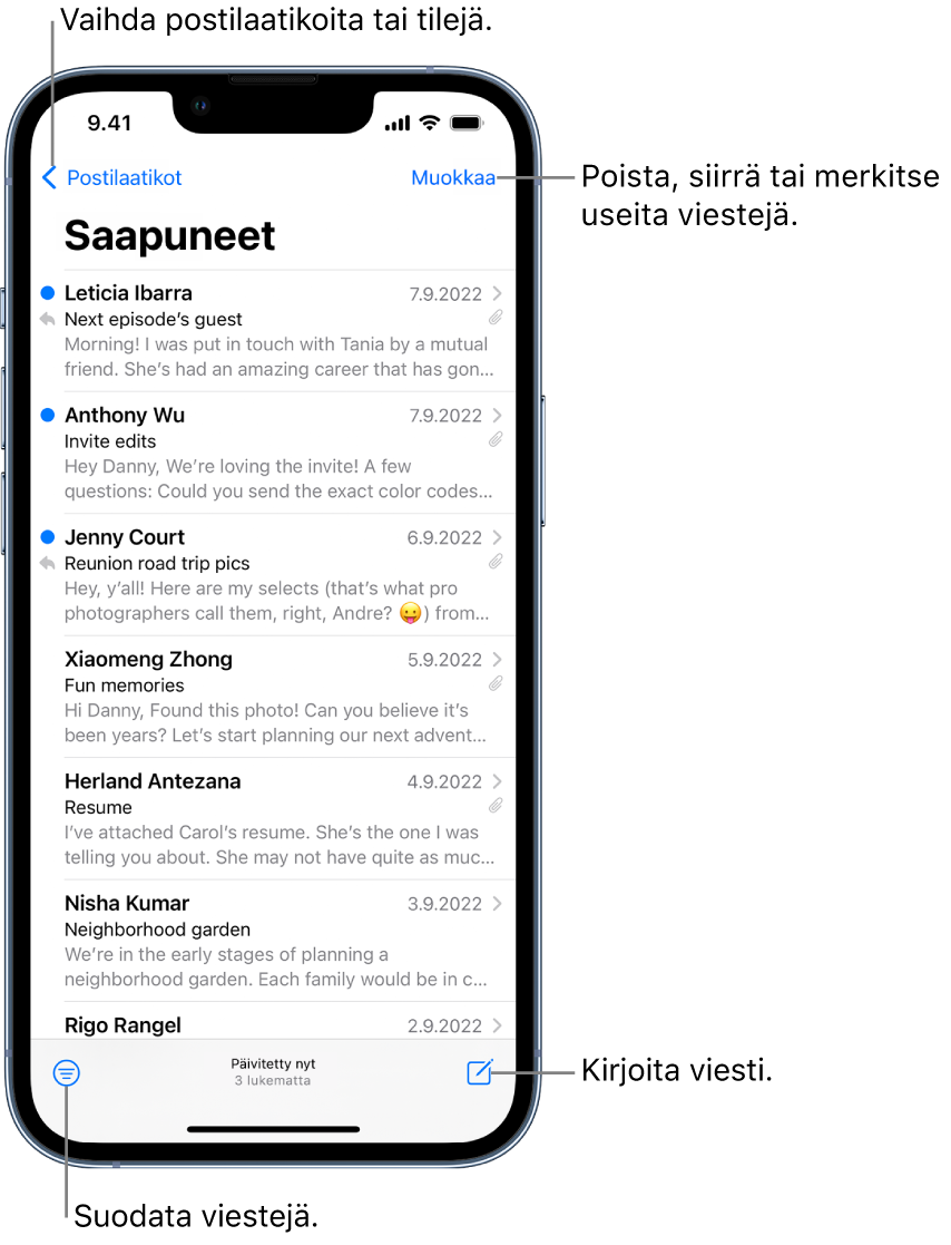 Saapuneet-näkymä, jossa näkyy sähköpostien luettelo. Postilaatikot-painike toiseen postilaatikkoon vaihtamista varten on vasemmassa yläkulmassa. Muokkaa-painike sähköpostien poistamista, siirtämistä tai merkitsemistä varten on oikeassa yläkulmassa. Painike, jolla suodatetaan sähköposteja niin, että vain tietyntyyppiset sähköpostit näytetään, on vasemmassa alakulmassa. Painike uuden sähköpostin kirjoittamista varten on oikeassa alakulmassa.