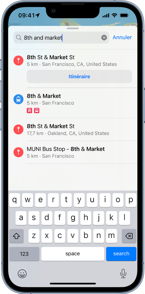 La fiche de recherche affichant une recherche vocale pour « 8th et Market » avec plusieurs résultats.