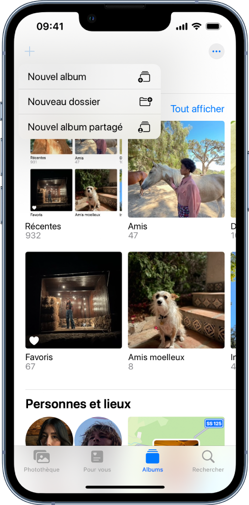 L’écran Album. Le bouton « Nouvel album » dans le coin supérieur gauche est sélectionné, ce qui permet d’ajouter un nouvel album, un nouveau dossier ou un nouvel album partagé.