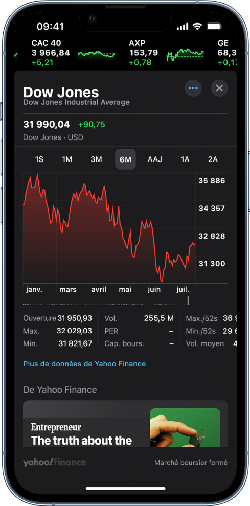 Au milieu de l’écran, un graphique indique les performances d’une action tout au long d’une journée. Au-dessus du graphique se trouvent des boutons permettant d’afficher les performances de l’action sur une journée, une semaine, un mois, trois mois, six mois, un an, deux ans ou cinq ans. En dessous du graphique figurent des informations sur l’action, notamment son cours d’ouverture, son cours le plus élevé, son cours le plus faible et sa capitalisation boursière. Un article d’Apple News figure en bas de l’écran.