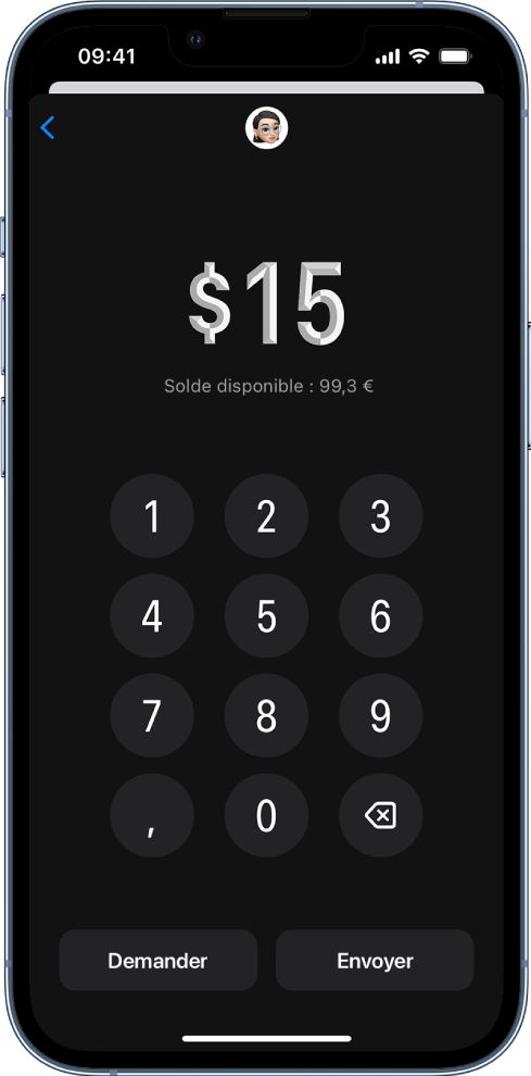 Un pavé numérique pour saisir le montant, accompagné des boutons Demander et Envoyer dans la partie inférieure de l’écran.