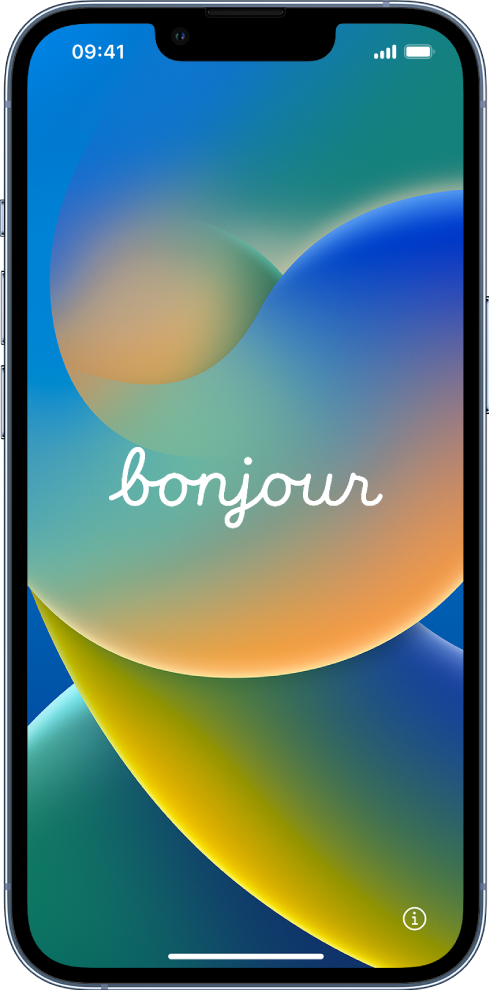 L’écran Bonjour qui s’affiche lorsque l’iPhone est allumé pour la première fois.