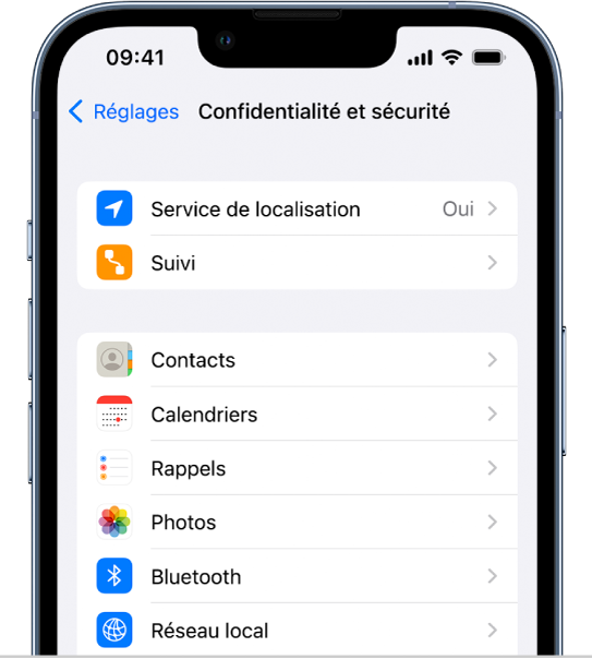 L’écran « Confidentialité et sécurité » dans Réglages.