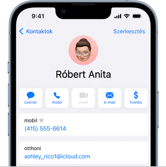 Kontaktkártya a Kontaktok appban.