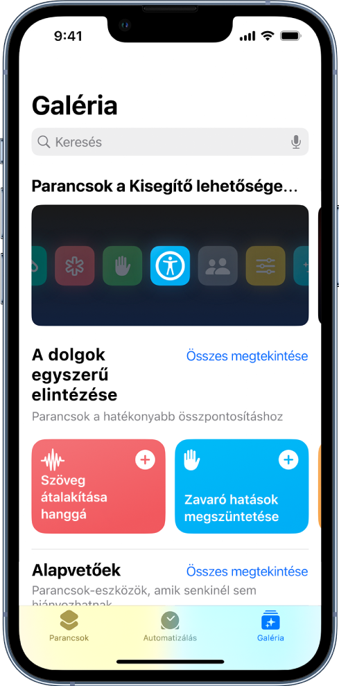 A Parancsgaléria képernyő az olyan mindennapi feladatokat elvégző parancsok listájával, mint a Szöveg hanggá alakítása és a Zavaró hatások kiküszöbölése. Alul a Parancsok, az Automatizálás és a Galéria lap található.