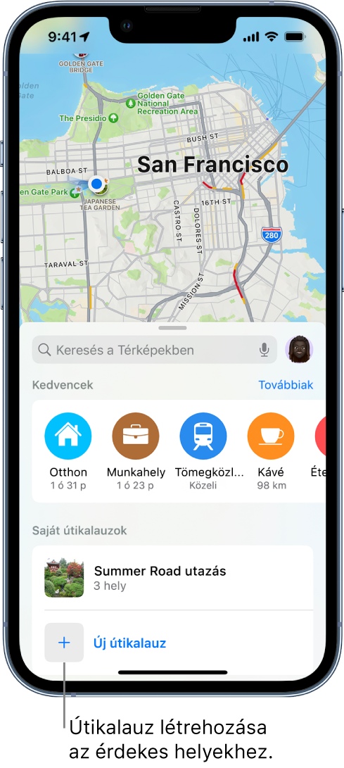 Keresési kártya a Térképekben, amelynek alján az Új útikalauz gomb látható.