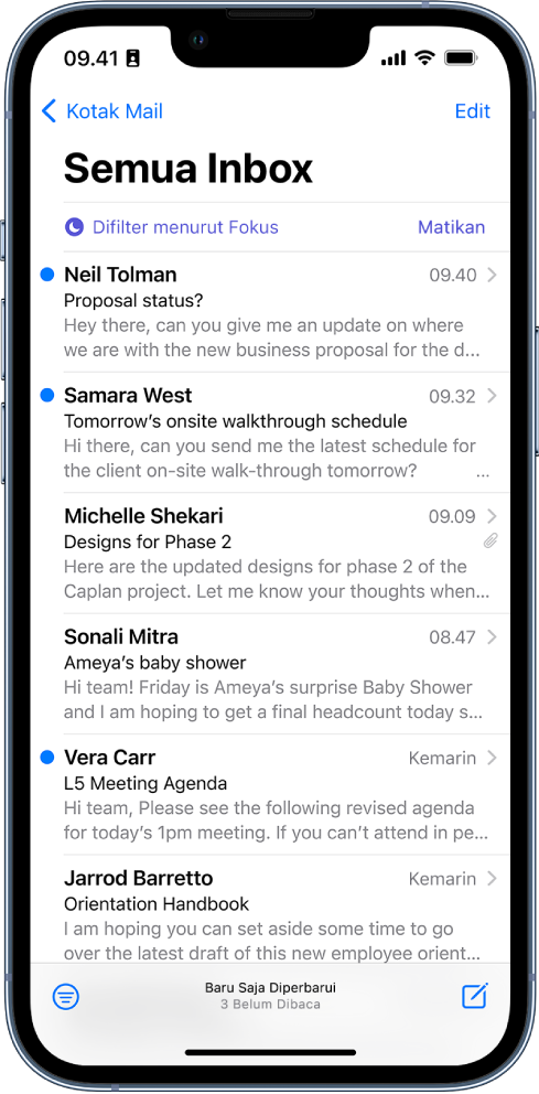 Inbox, menampilkan daftar email. Di atas daftar email terdapat label Difilter menurut Fokus, dan di sebelah kanannya terdapat tulisan Matikan.