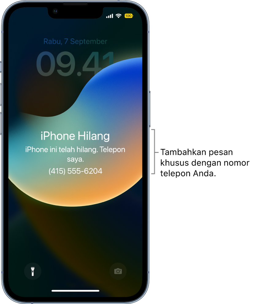 Layar Terkunci iPhone dengan pesan: “iPhone Hilang. iPhone ini telah hilang. Hubungi saya. (415) 555-6204.” Anda dapat menambahkan pesan khusus dengan nomor telepon Anda.