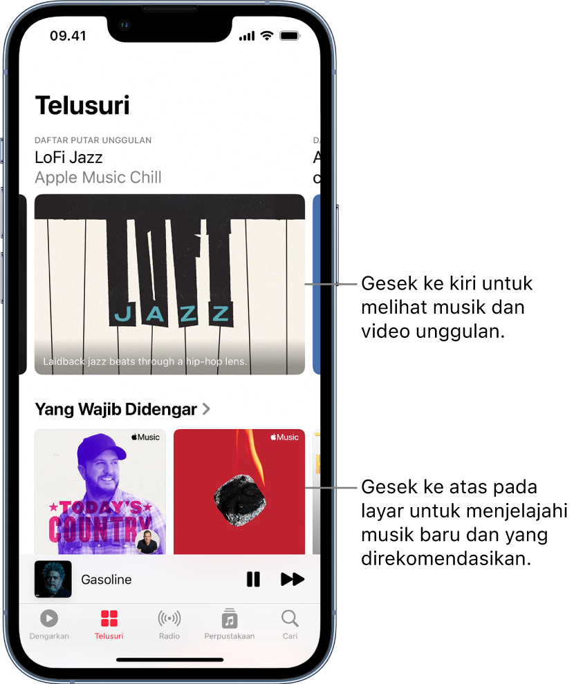 Layar Telusuri menampilkan daftar putar unggulan di bagian atas. Anda dapat menggesek ke kiri untuk melihat musik dan video unggulan lainnya. Bagian Pilihan Daftar Putar Kami muncul di bawah, menampilkan dua Daftar Putar Apple Music. Anda dapat menggesek ke atas di layar untuk menjelajahi musik baru dan yang direkomendasikan.